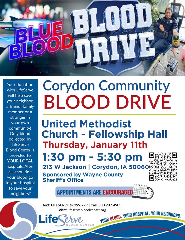 Corydon Community Blood Drive flyer - all information listed below